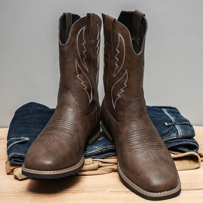 Men's retro cowboy worker boots in brown PU leather with round toe and flat rubber sole