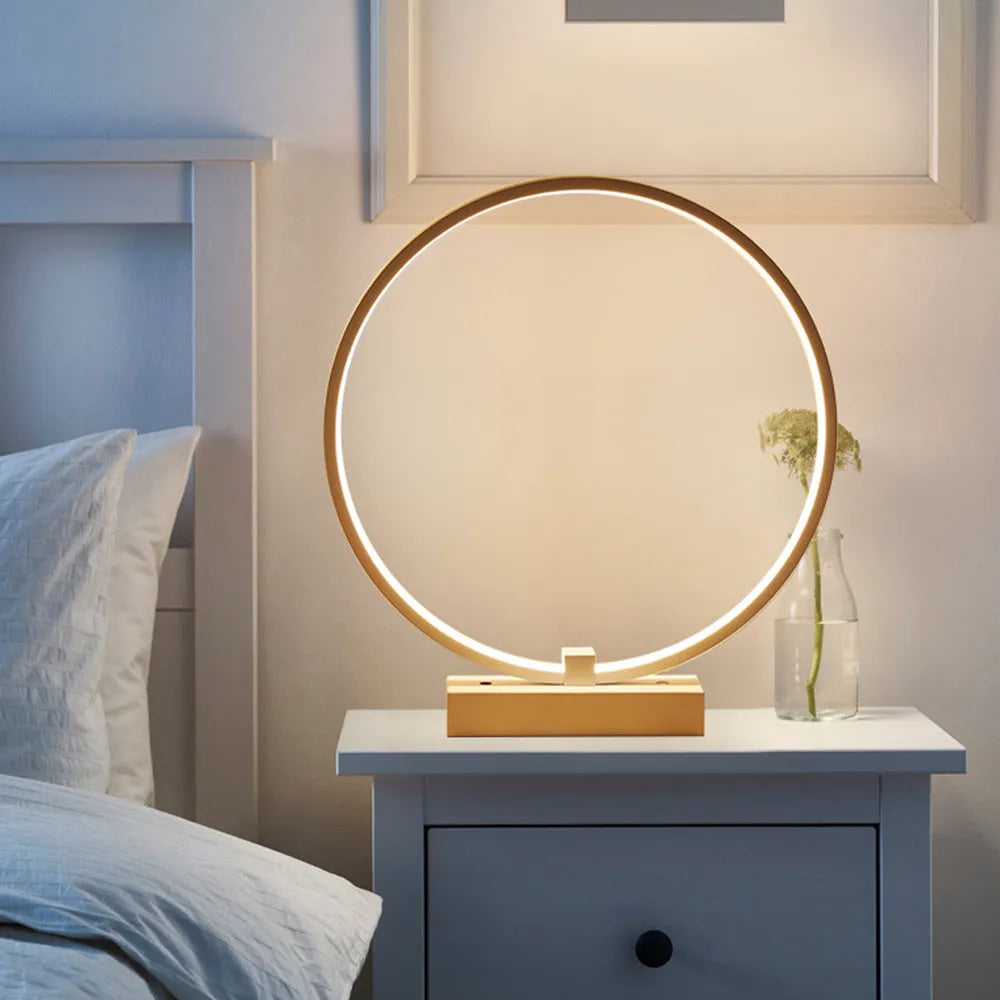 White acrylic LED bedside lamp with iron base, 25cm diameter, cool or warm white light
