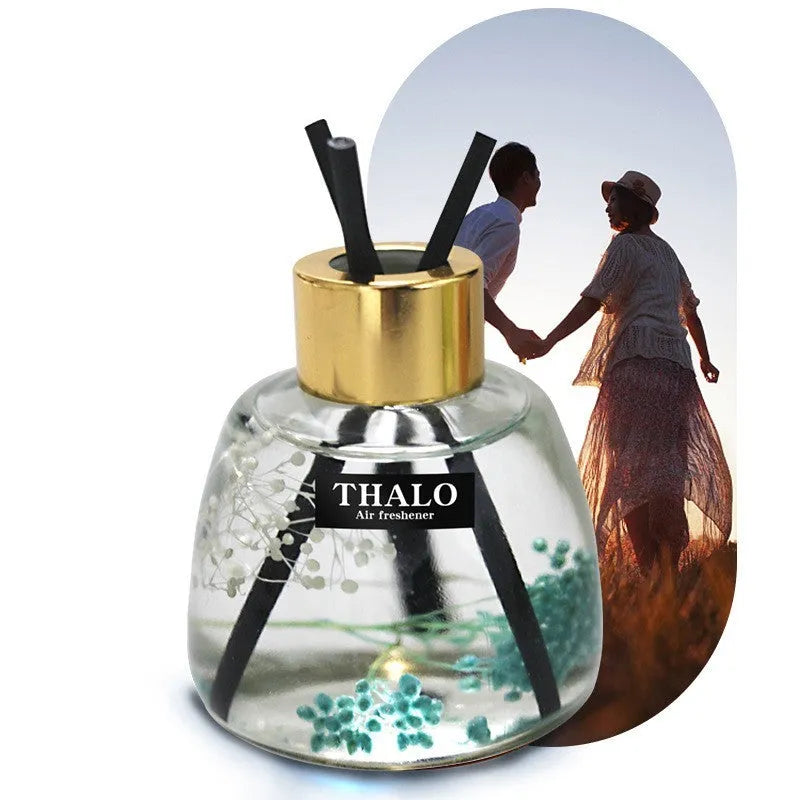 Creative glass bottle car perfume ornament for loose incense aromatherapy, shown in various colour scents.