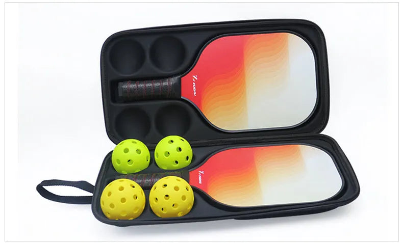 Black EVA pickleball storage case with two shoulder straps, shown with racket and balls inside.