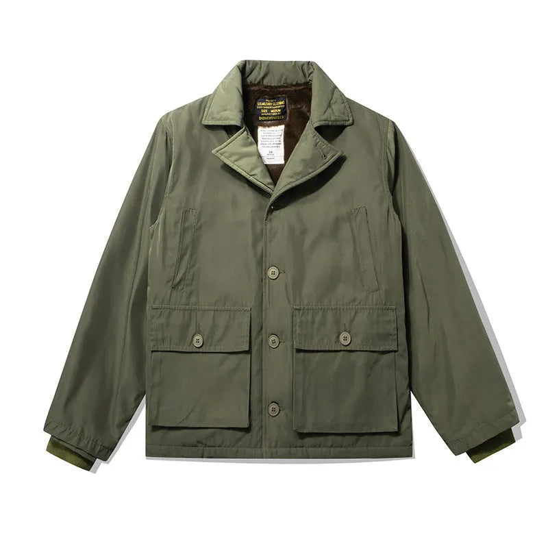 Men's extra thick wool cotton-padded jacket in Army Green, Dark Blue, or Khaki, nylon outer, sizes S-XXL