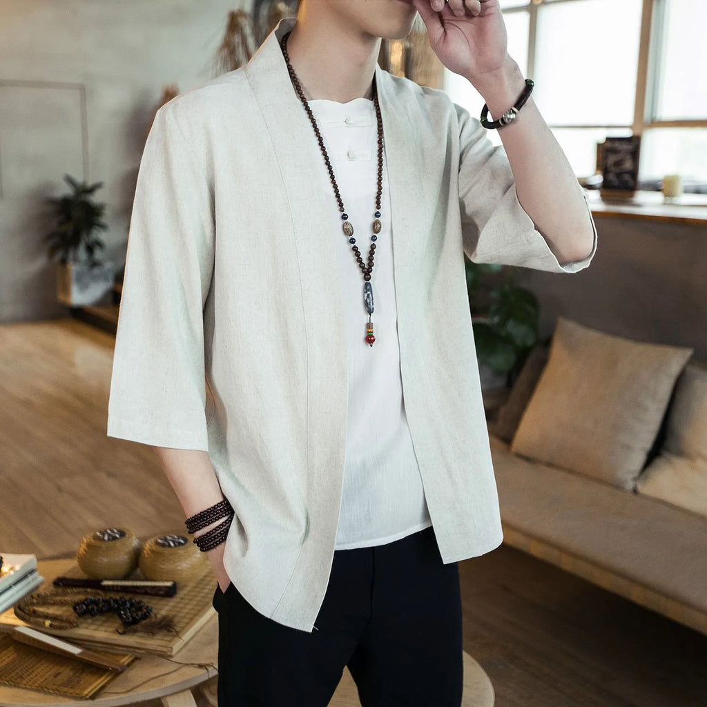 Men's Chinese style cotton linen cardigan shirt with seven-point sleeves, stand collar, and lace-up front in black or hemp colour.