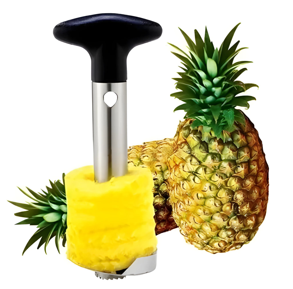 Stainless steel pineapple corer slicer with coloured ABS handle on a kitchen counter.