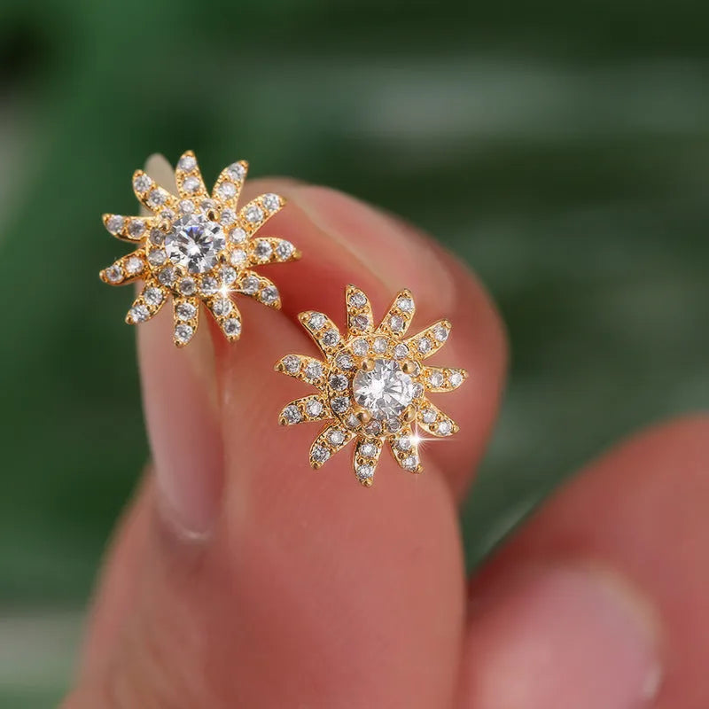 Sunflower ear studs with zircon inlay, copper base, Gold White and Platinum White colour options