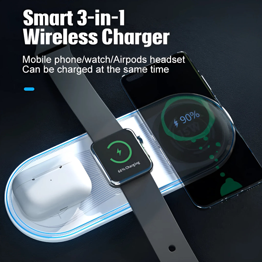 Flat white 3-in-1 wireless charger with ambient light charging a smartphone