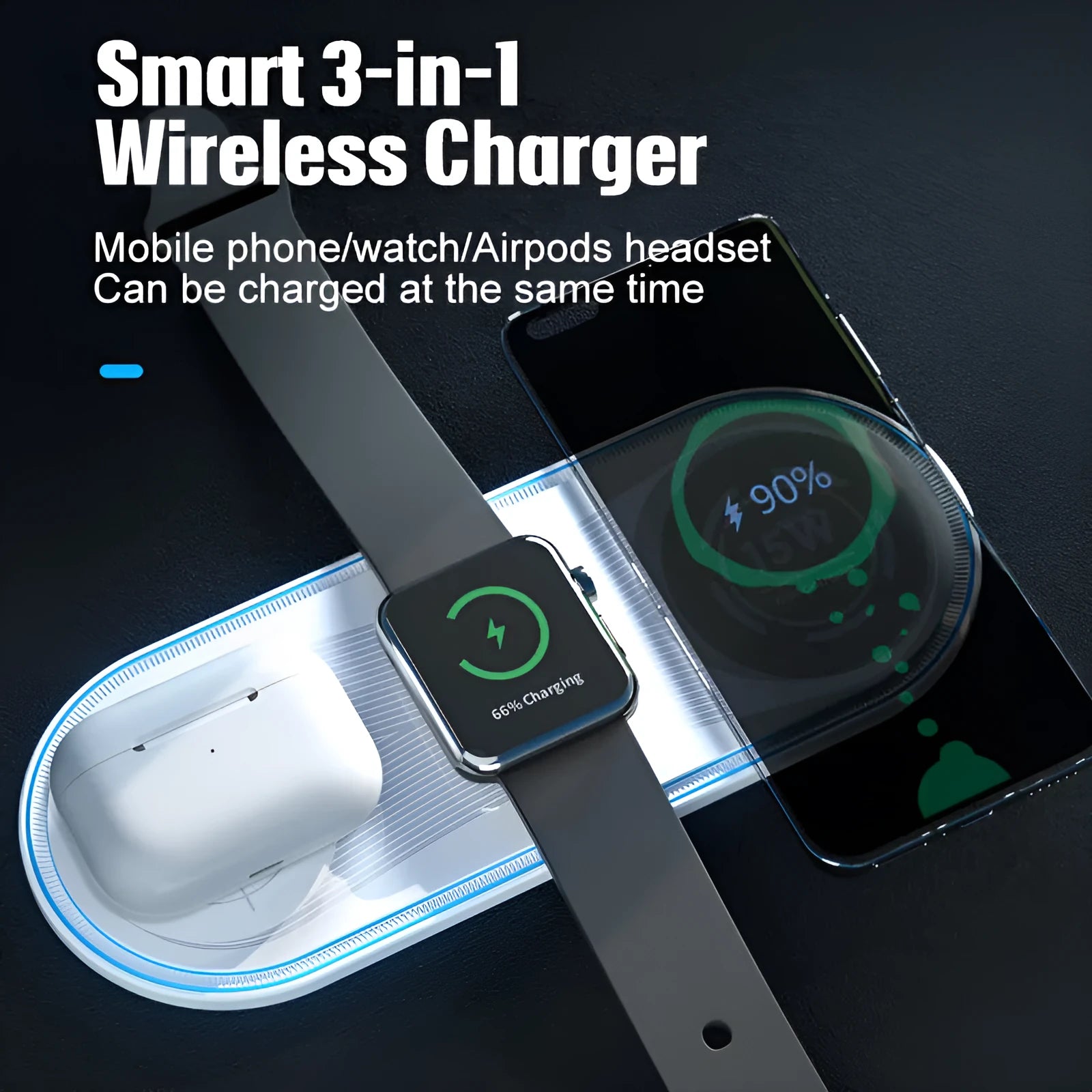 Flat white 3-in-1 wireless charger with ambient light charging a smartphone