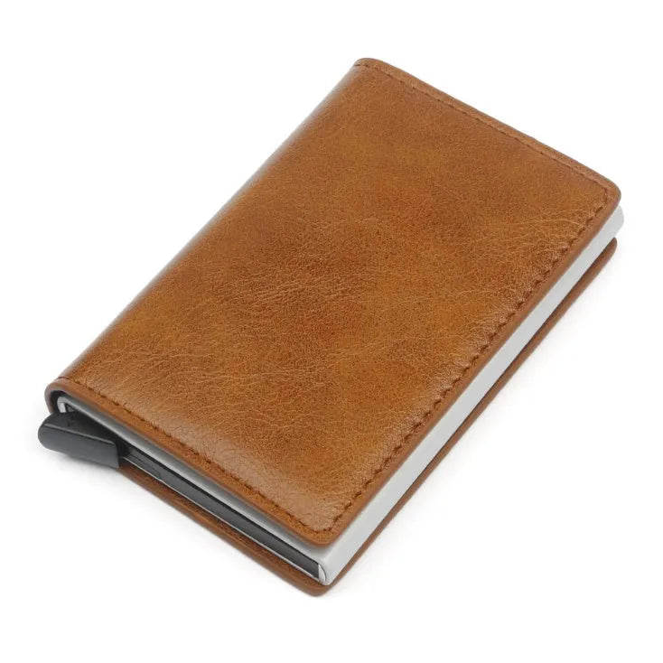 PU automatic card holder with RFID blocking, aluminium alloy metal texture, slim 95mm design in brown