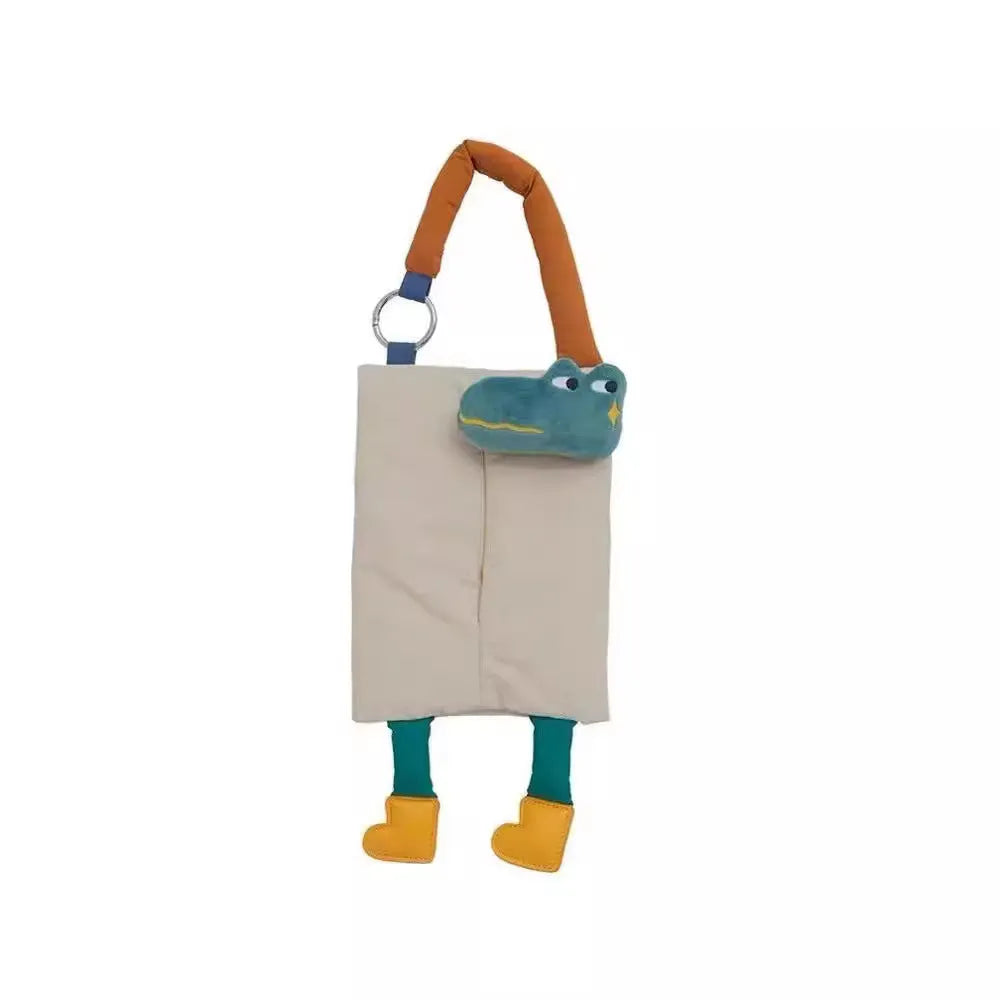 Soft plush hanging car tissue bag in baby crocodile design, showing dimensions of 25cm by 19cm.