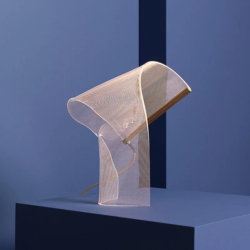 Acrylic irregular ribbon table lamp with warm light on bedside table 360x480mm