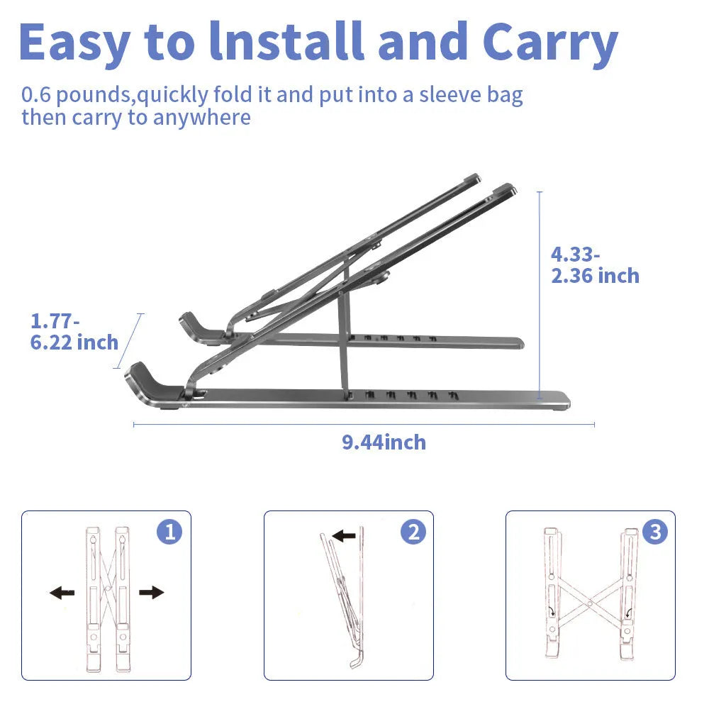 Silver aluminium laptop stand folded flat next to an open laptop, showing its six-angle adjustment hinge.