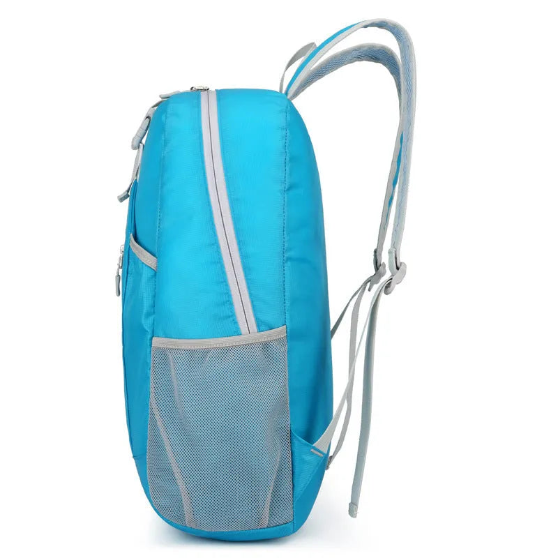 Waterproof Oxford cloth hiking backpack in blue with curved shoulder strap