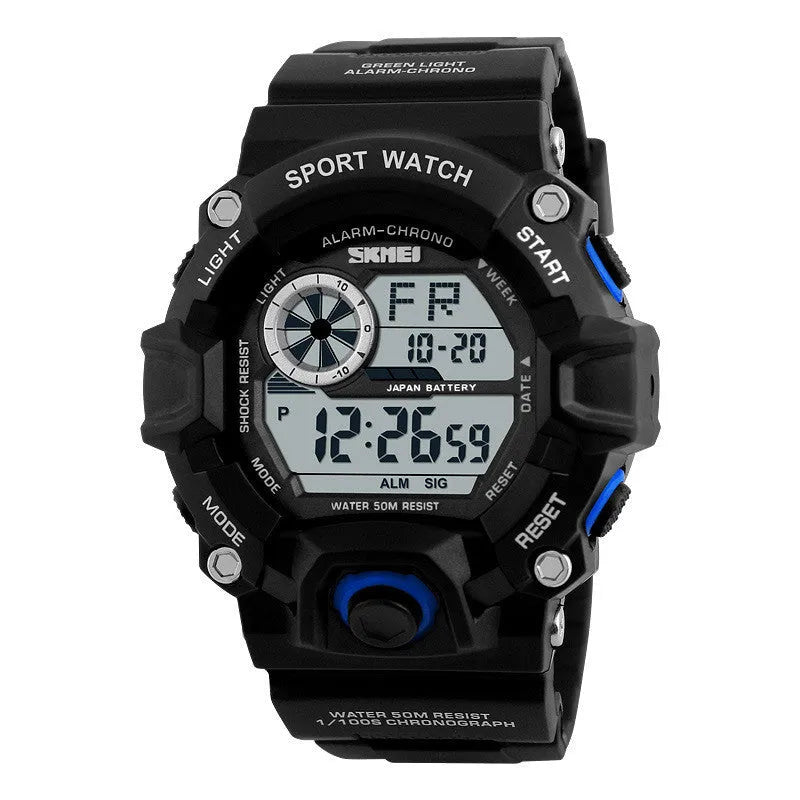 Digital sport watch with round dial, plastic strap, showing GMT display, in army green colour option.