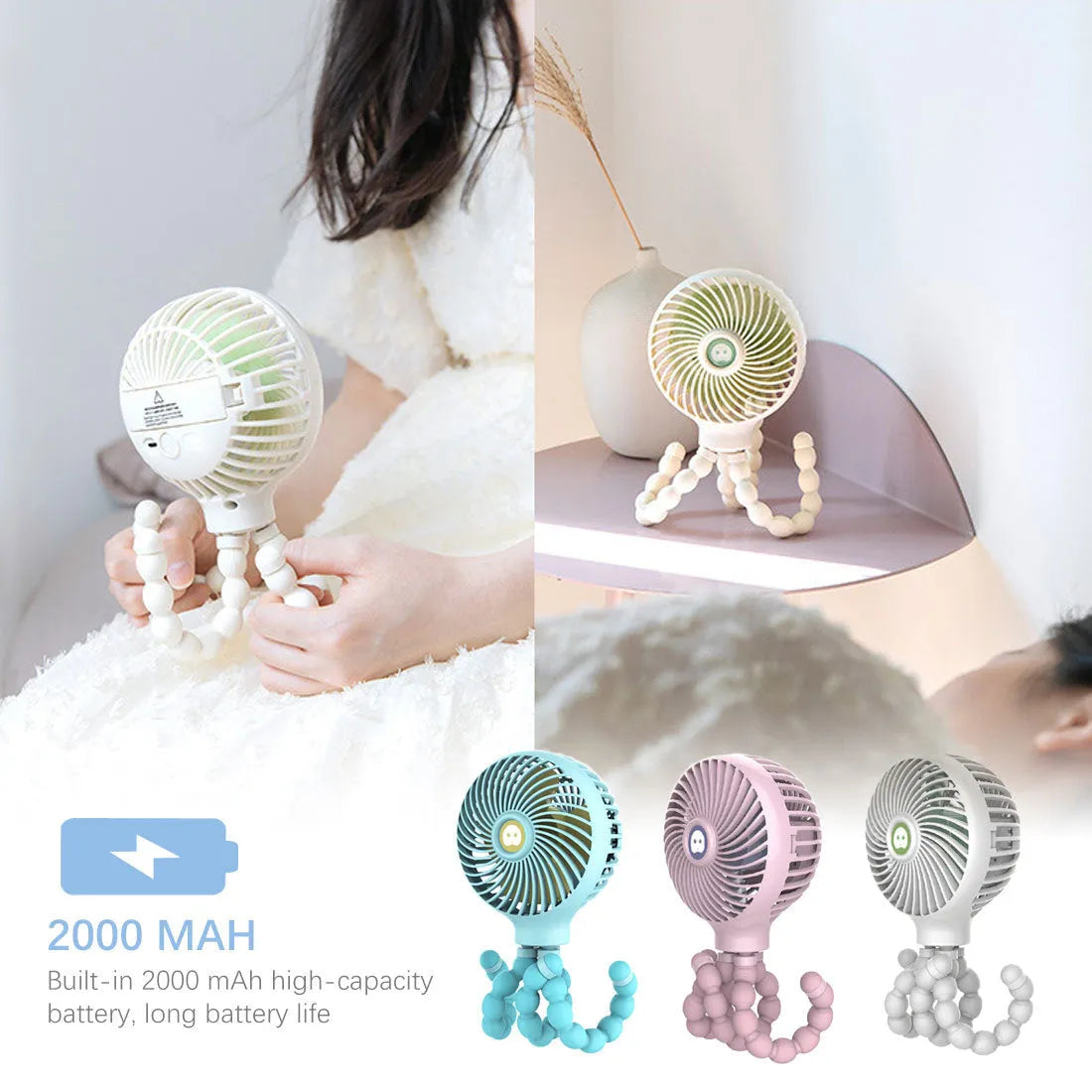 Octopus deformed folding fan with flexible tentacle legs in white, USB rechargeable, 2000mAh battery