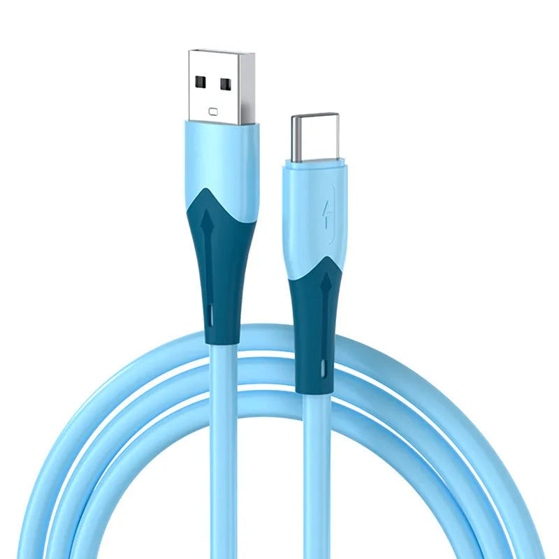 Jane Type-C liquid silicone data cable in pink, green, blue for fast charging mobile phones