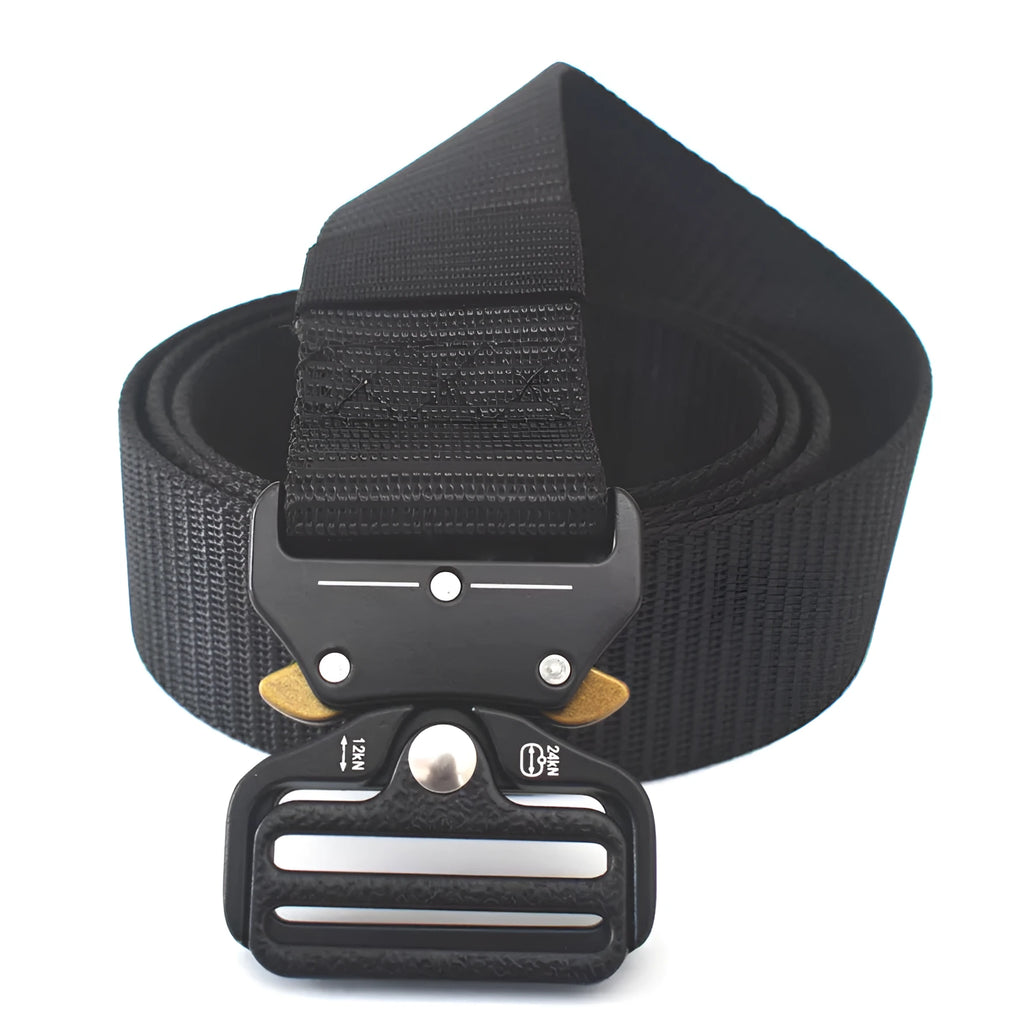 Cobra buckle tactical belt in nylon and zinc alloy, 125cm x 3.8cm, shown in Army Green, Black, and Khaki