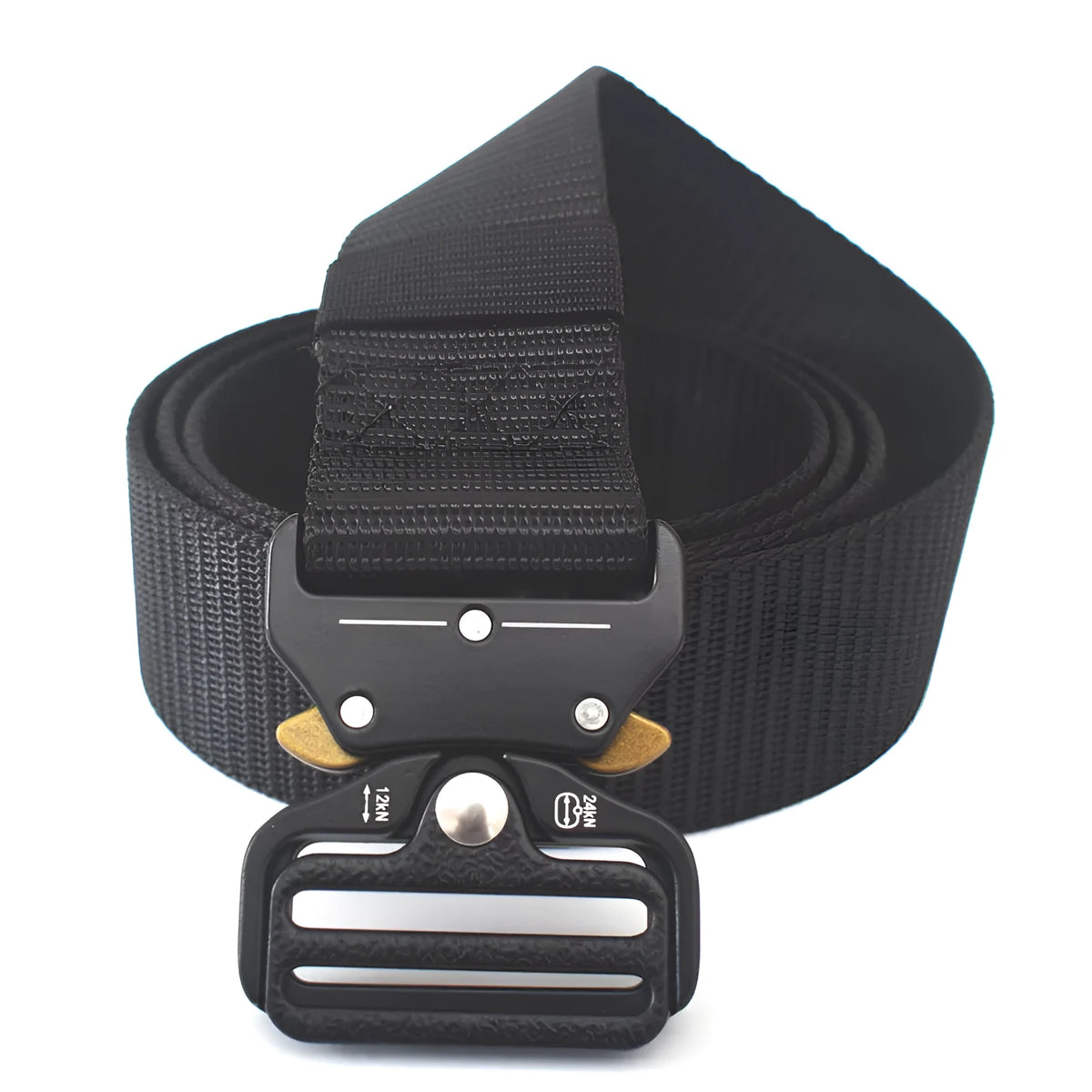 Cobra buckle tactical belt in nylon and zinc alloy, 125cm x 3.8cm, shown in Army Green, Black, and Khaki