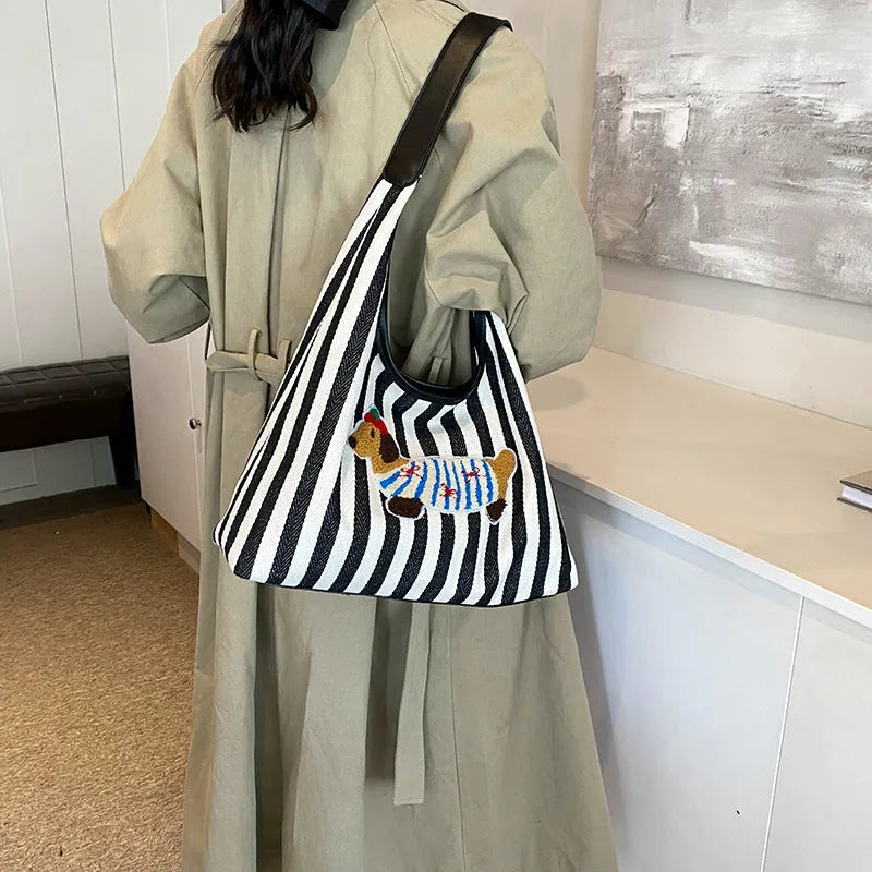 Large capacity shoulder bag with embroidery cartoon anime design, PU material, horizontal square shape, black red or blue