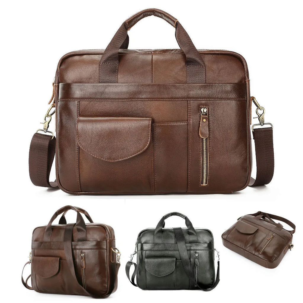 Men's 10-inch first-layer cowhide leather cross-body briefcase, vertical square zip-top bag, black or brown