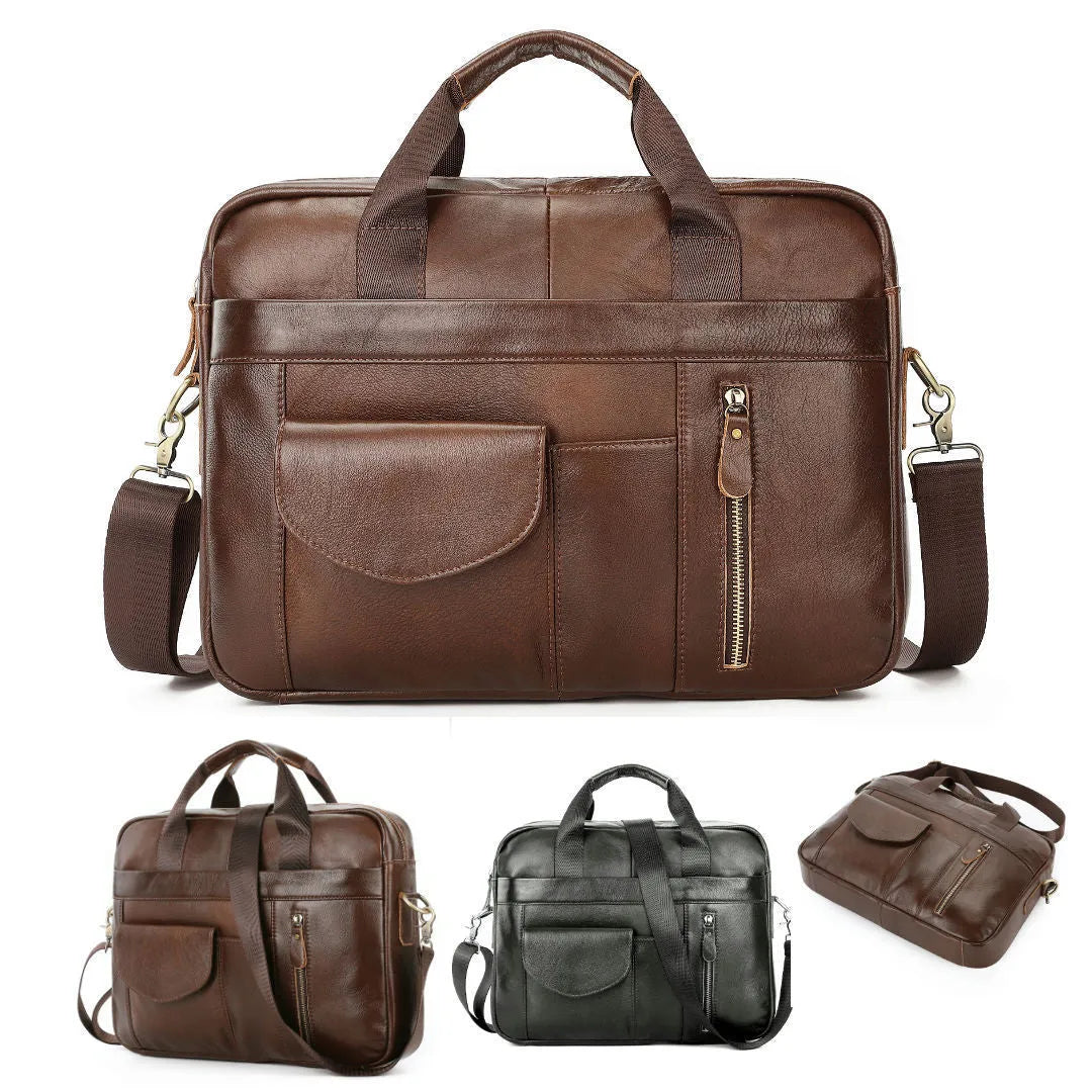 Men's 10-inch first-layer cowhide leather cross-body briefcase, vertical square zip-top bag, black or brown