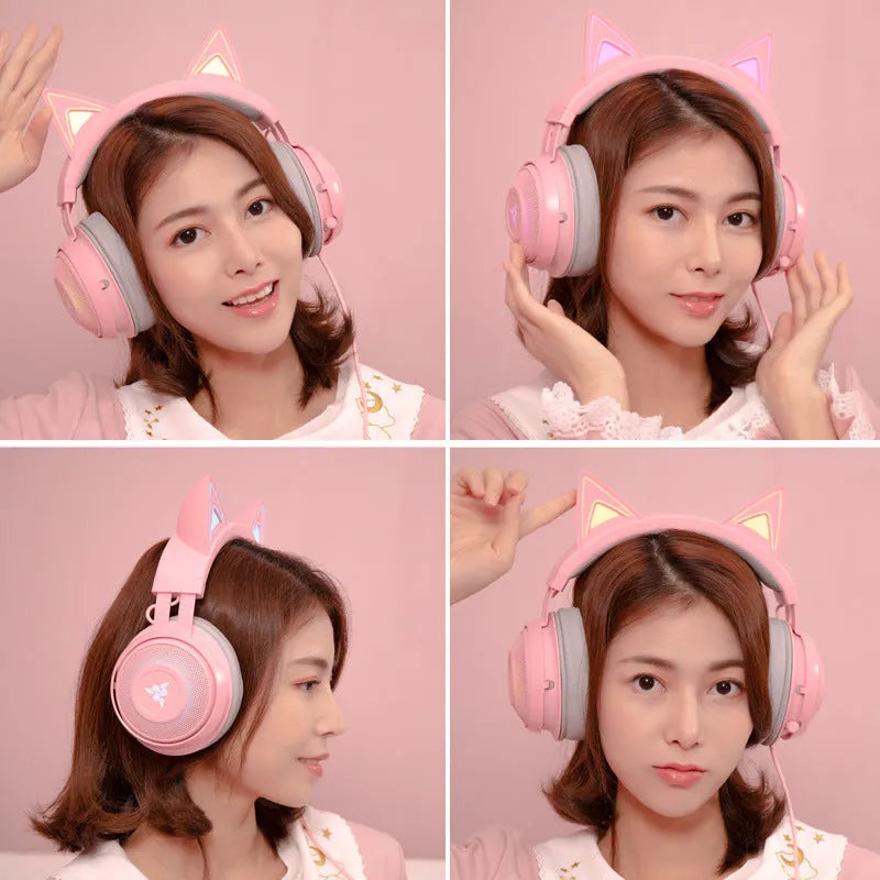 Pink glowing cat earphones with colourful LED lights on ear cups, wired USB connection