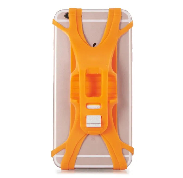 Adjustable silicone bicycle phone holder mounted on handlebar with smartphone secured