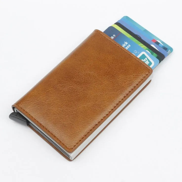 PU automatic card holder with RFID blocking, aluminium alloy metal texture, slim 95mm design in brown