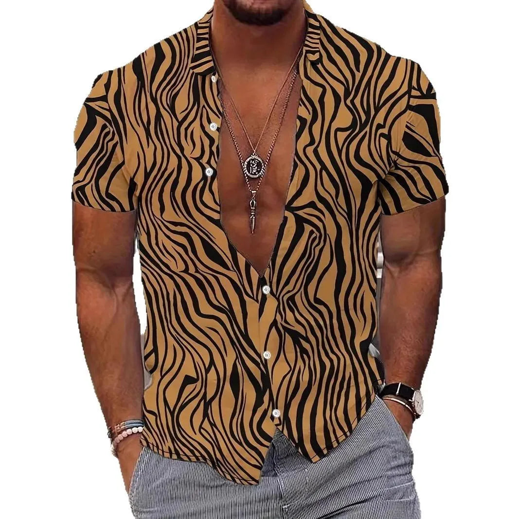 Men's slim fit geometric print lapel shirt in polyester for summer.
