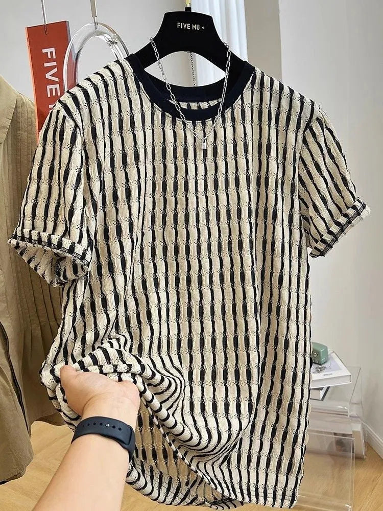 Men's black striped loose fit casual short sleeve shirt in linen silk blend fabric
