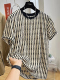 Men's black striped loose fit casual short sleeve shirt in linen silk blend fabric
