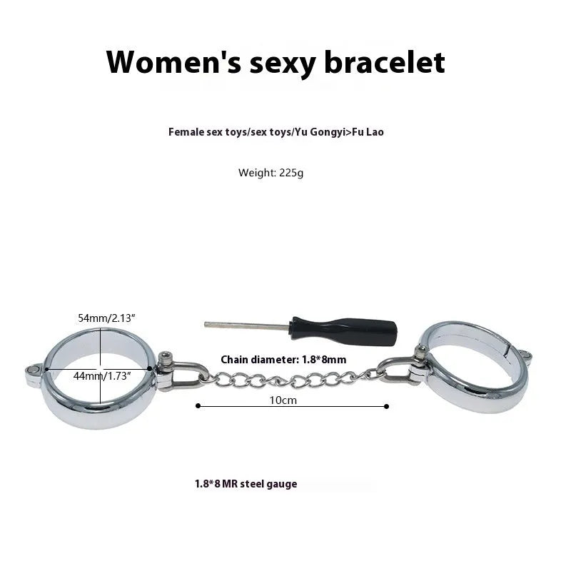 Silver zinc alloy handcuffs and footcuffs set with stainless steel bracelet for adult novelty use