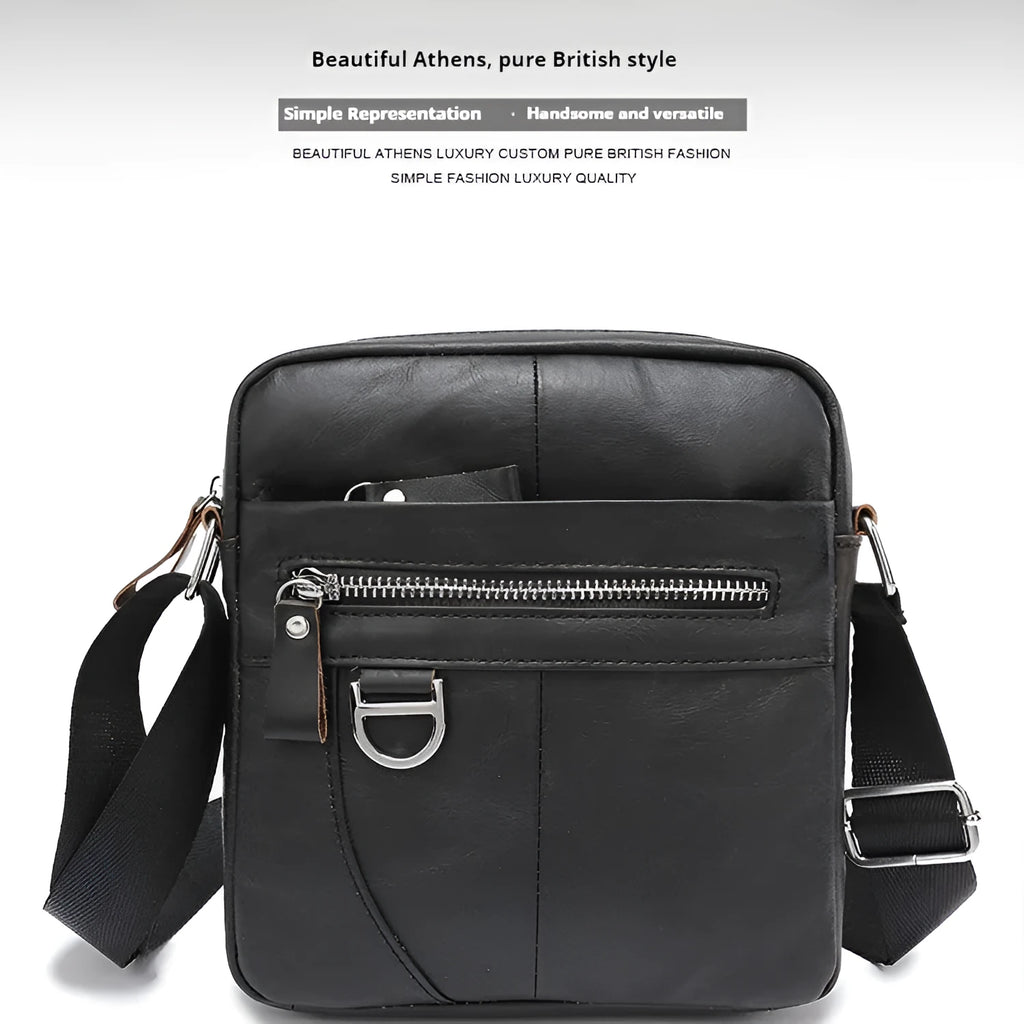 Brown genuine leather messenger bag with crossbody strap showing sewing-line detailing