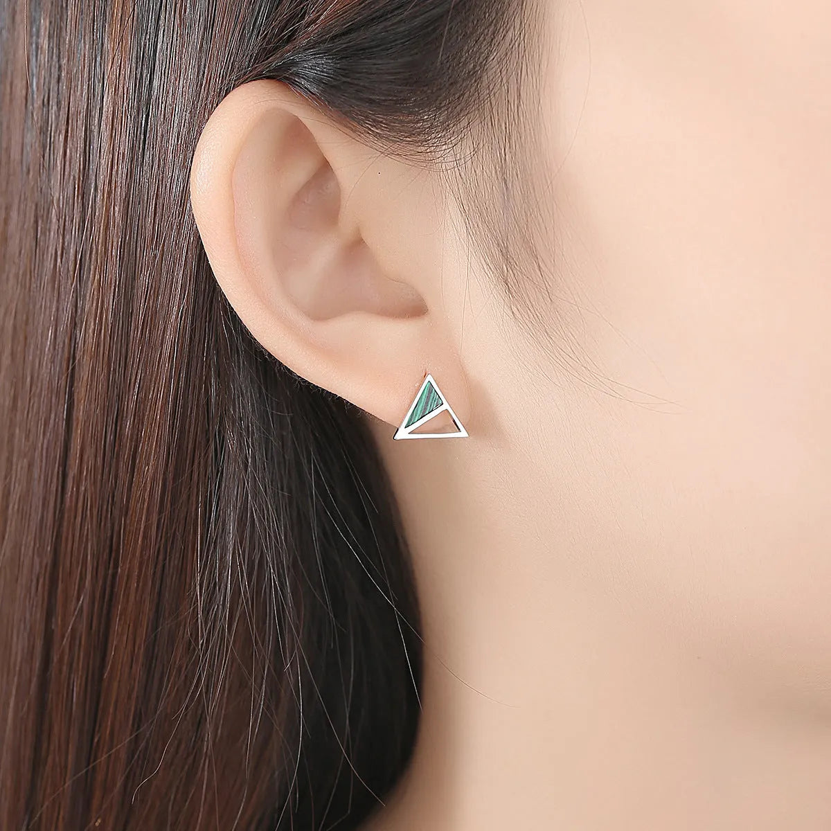Pair of green malachite stud earrings in pure silver with geometric Korean-style design