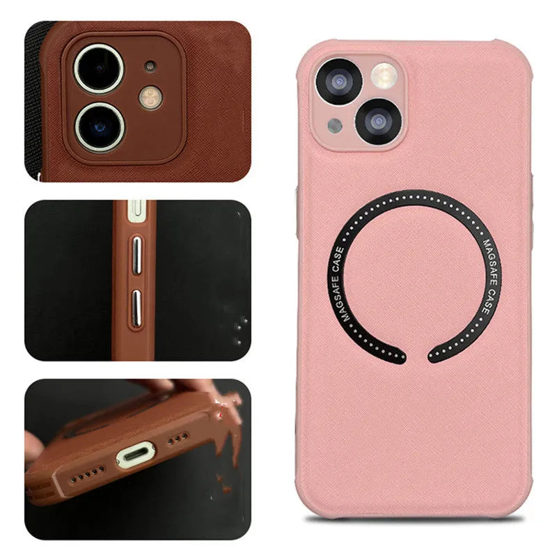 Leather TPU MagSafe magnetic cross phone case for iPhone, solid colour back cover, pink variant