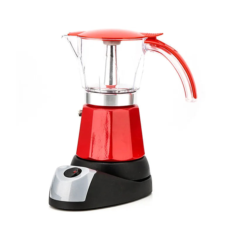 Octagonal electric aluminium moka pot coffee maker in blue colour on a kitchen counter