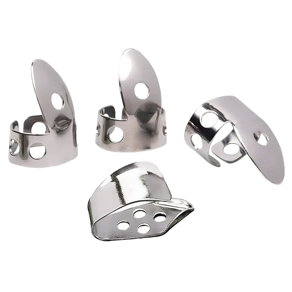 Four metal guitar finger stalls with silver tone finish for musical instrument playing