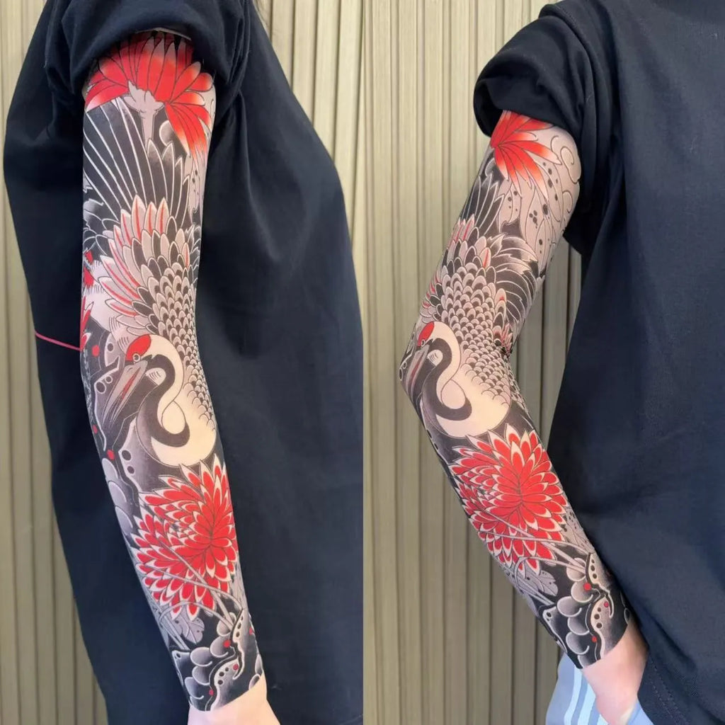 Unisex nylon sun protection ice sleeve in flower arm design with colour options like dragon, crane, and peony