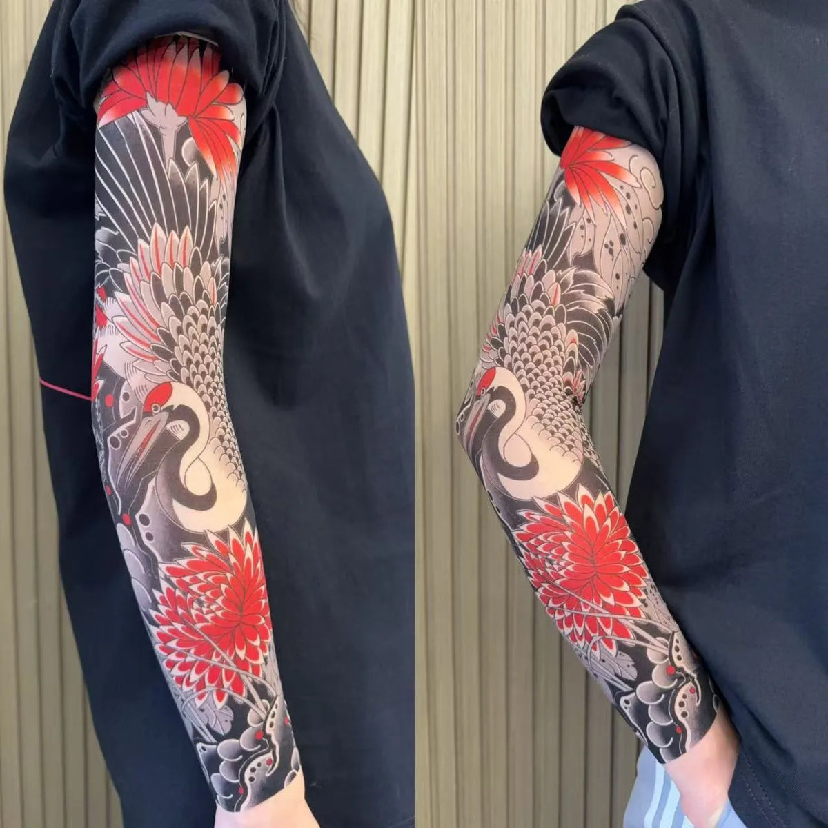 Unisex nylon sun protection ice sleeve in flower arm design with colour options like dragon, crane, and peony