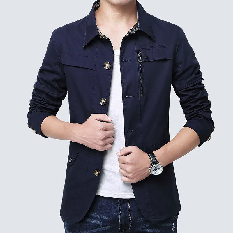 Men's slim fit cotton jacket in Army Green with save pocket, black lining, standing front view