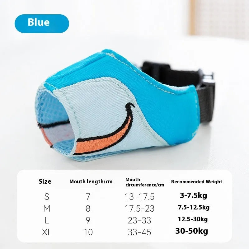 Canvas dog muzzle in Ollie Brown Bear and Bondi Blue Shark colours, showing sizes S, M, L, XL for different dog weights.