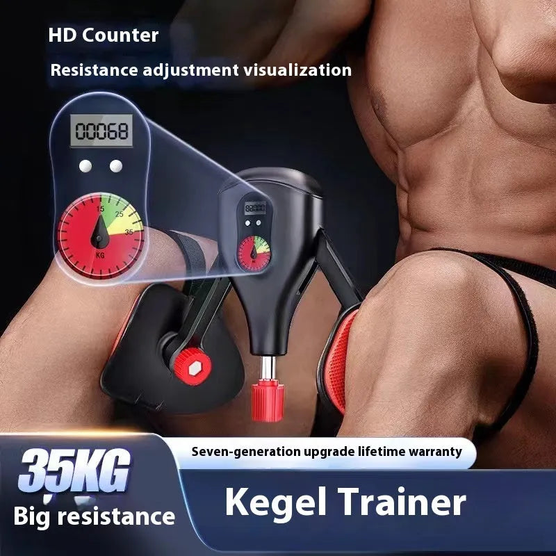 Black Kegel trainer for men's PC muscle exercise, made from PA and fibreglass, shown with optional straps.