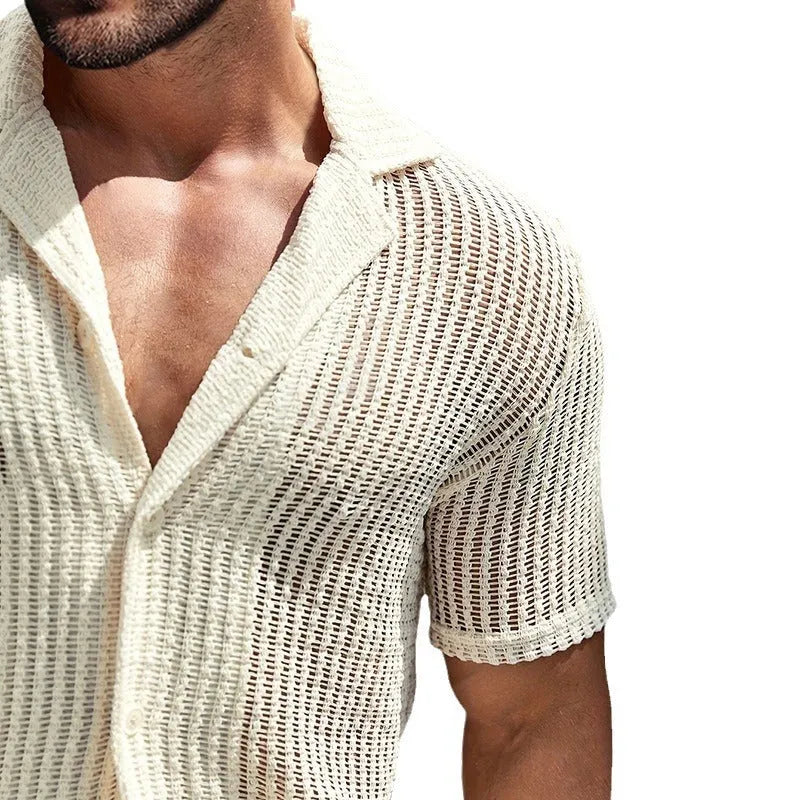 Men's light yellow retro stripe Henley shirt with cardigan lapel and short sleeves, regular fit