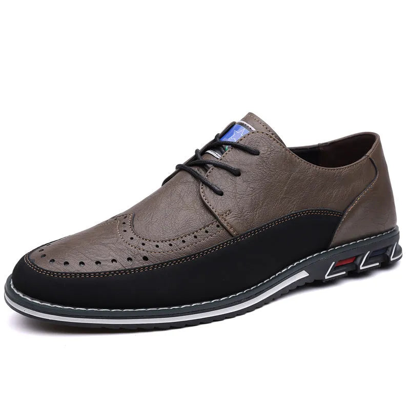 Men's black leather casual shoes with a rubber sole and sewn detail on the fabric upper.