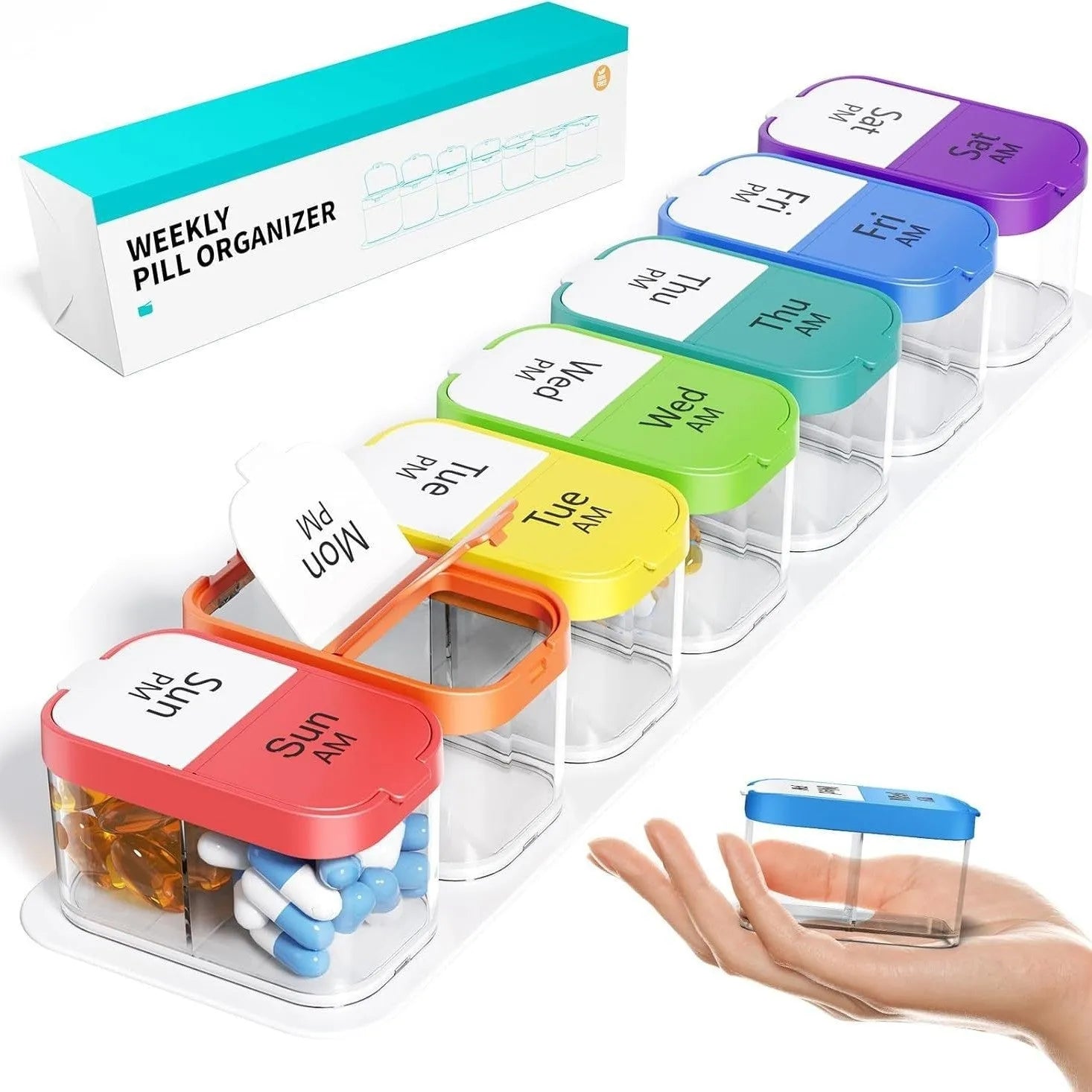 Extra large white and rainbow coloured plastic pill organiser box with 14 removable compartments.