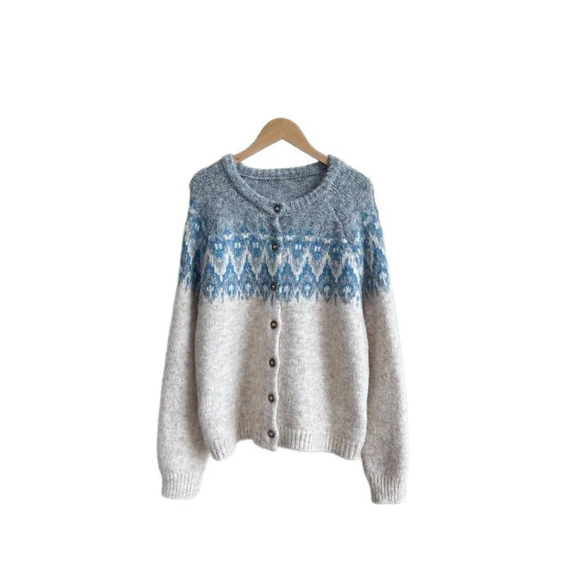 Women's beige jacquard knit sweater coat with a loose fit and long sleeves.