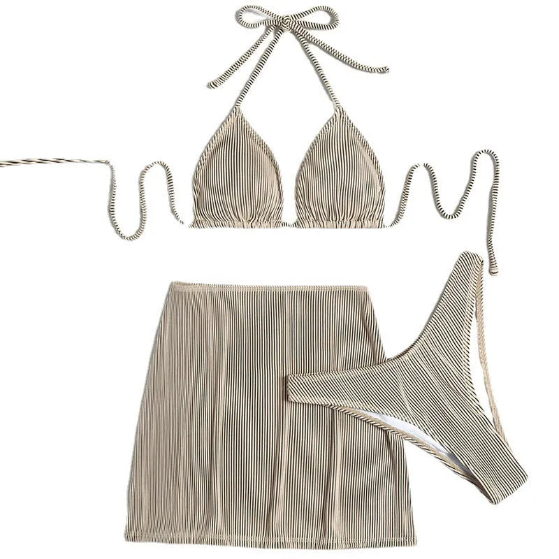 Three-piece rib fabric bikini swimsuit in khaki, black and white, green, and emerald green colour options