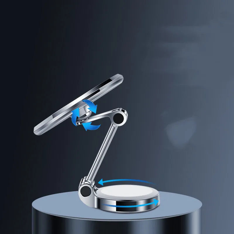 Car mobile phone holder with magnetic mount and flexible 360-degree rotation bracket on dashboard