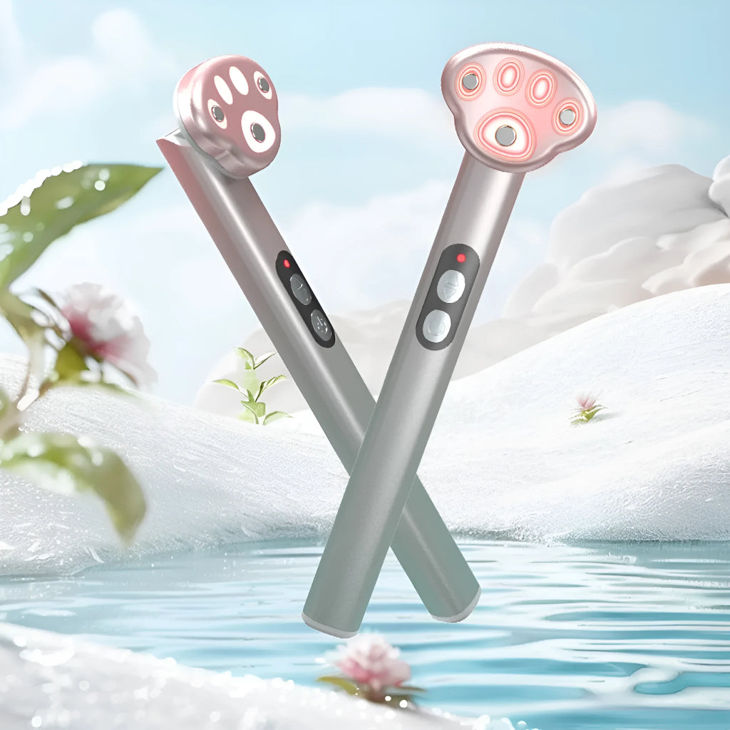 Gradient pink cat's paw shaped handheld micro-current eye and facial massager