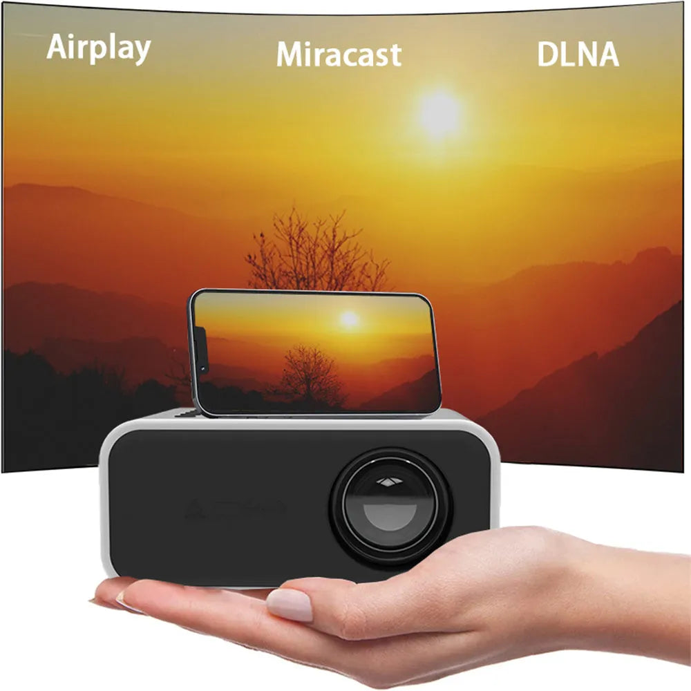 YT300 portable mini projector in black or white with remote control showing 100-inch projection capability