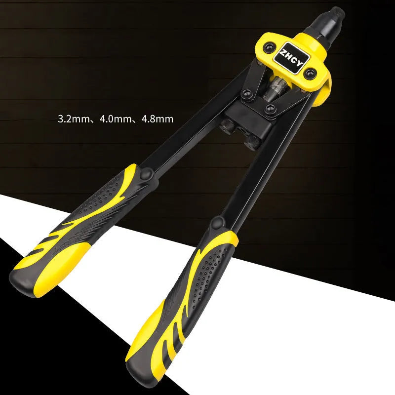 Yellow 13-inch manual rivet gun for household use with three built-in tip sizes