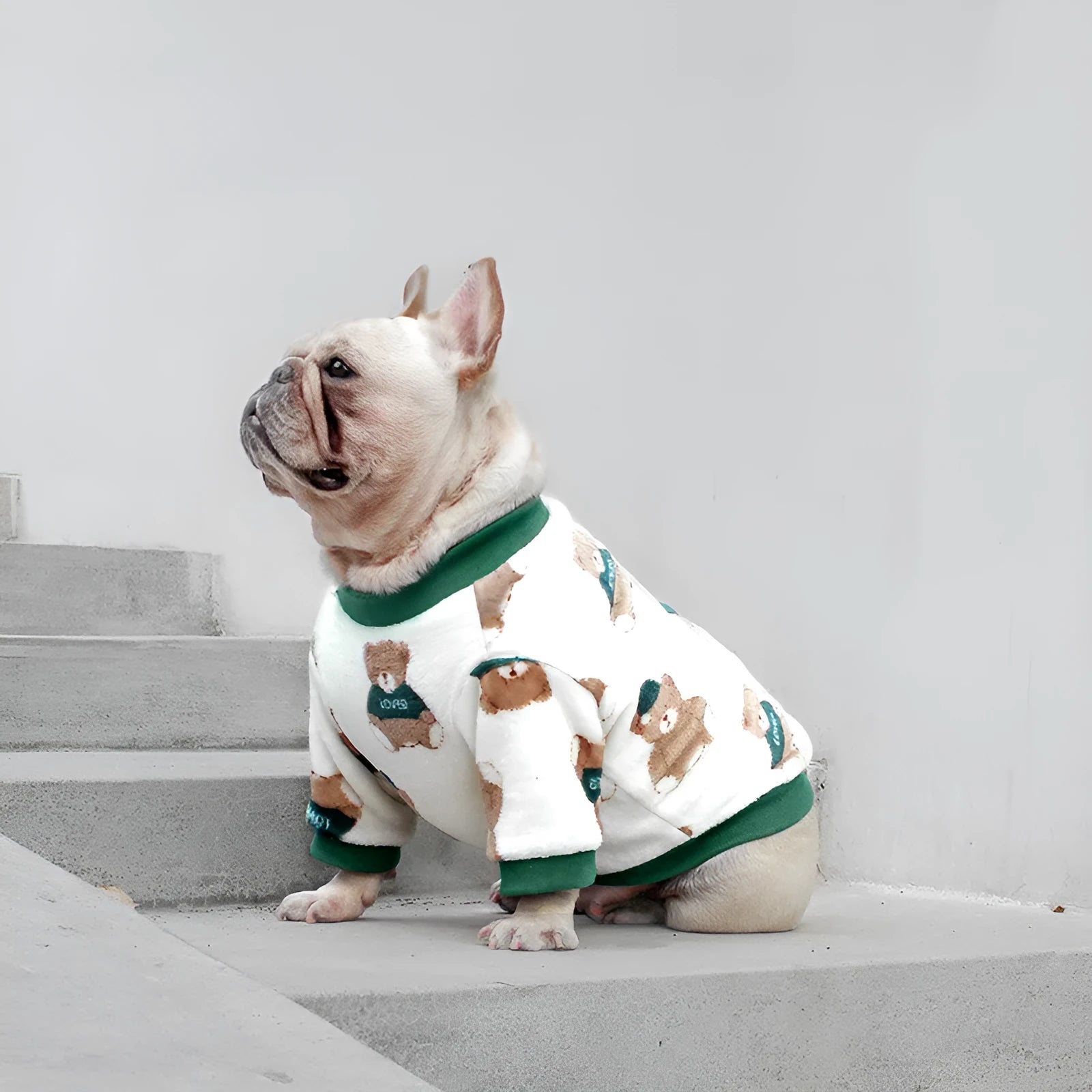 Female corgi wearing winter dog pajamas in coral fleece with plain pattern, showing bear style colour, side view